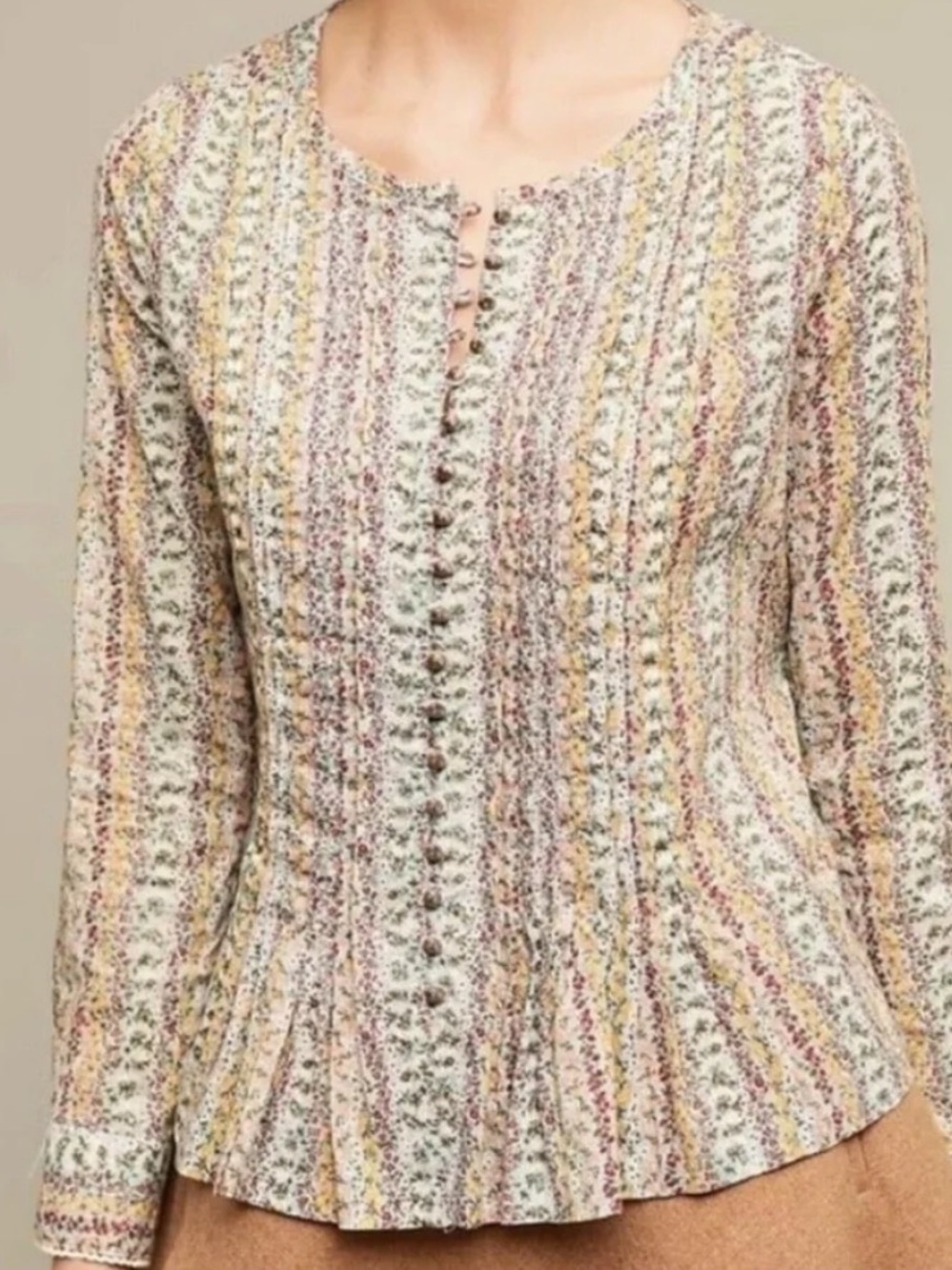 Anthropologie Cream Multicolor Pintuck Peasant Blouse